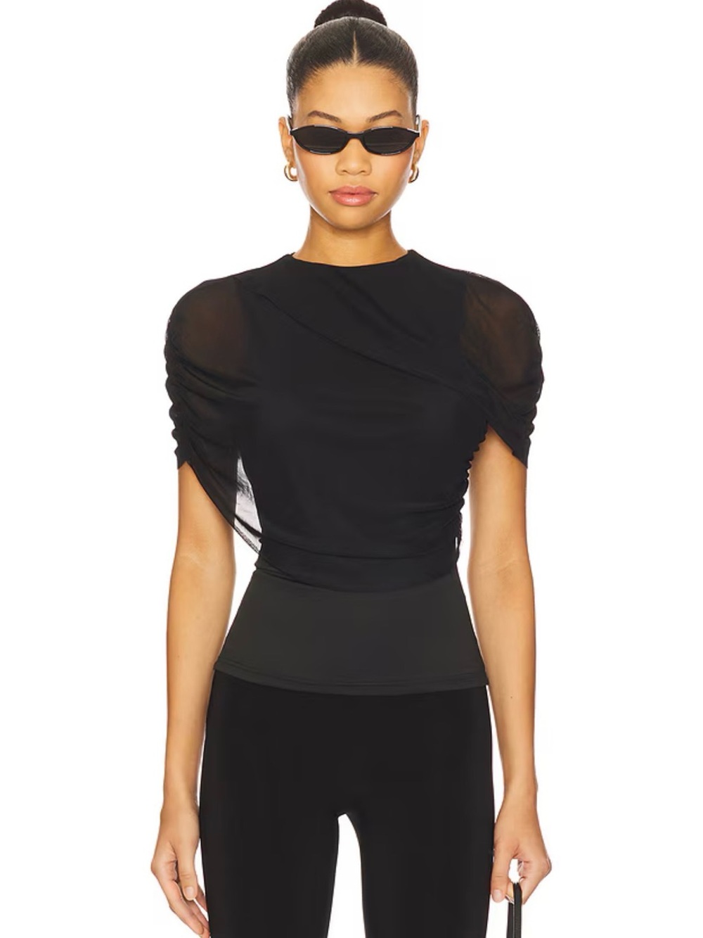 superdown Black Sheer Ruched Sleeve Top
